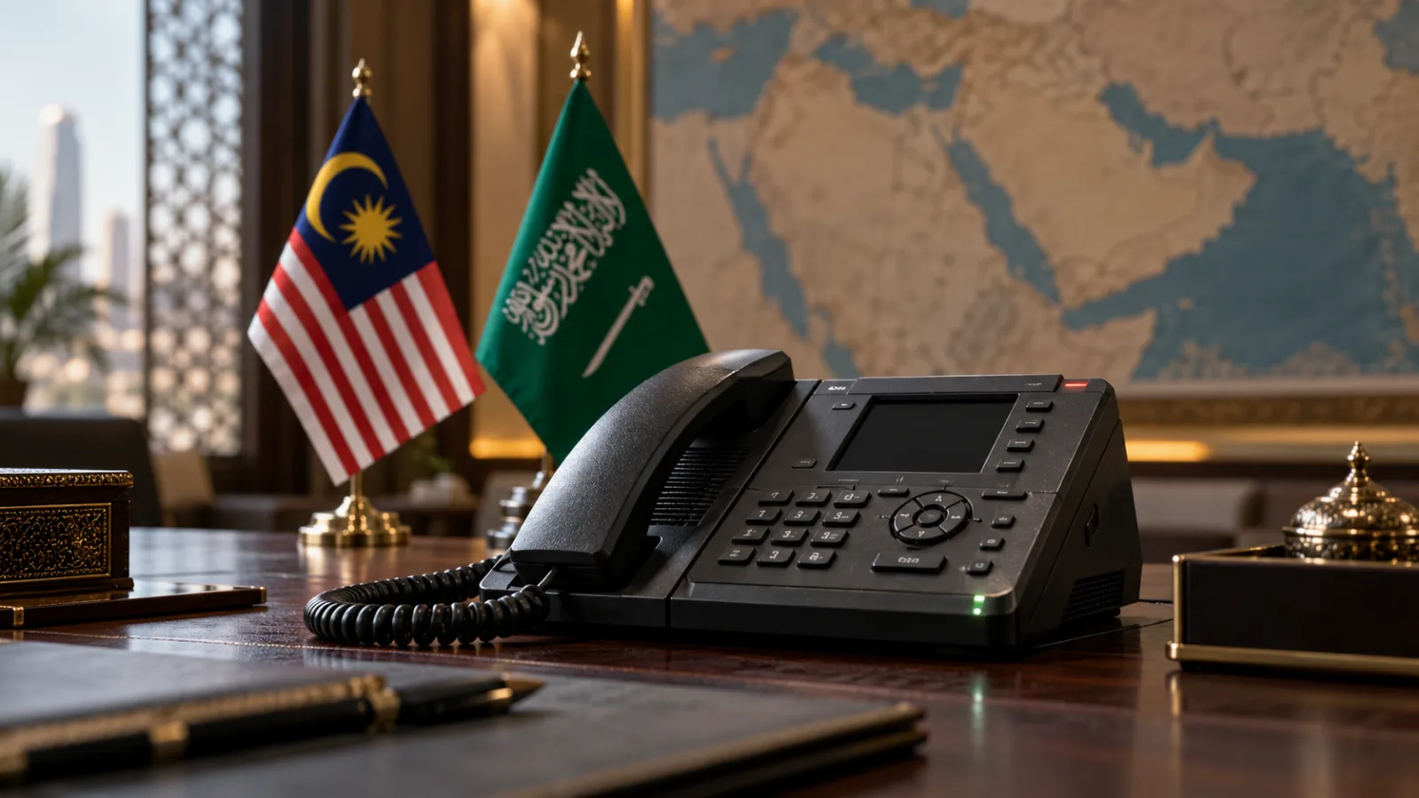 Ilustrasi AI: Telefon diplomatik dengan bendera Malaysia dan Arab Saudi