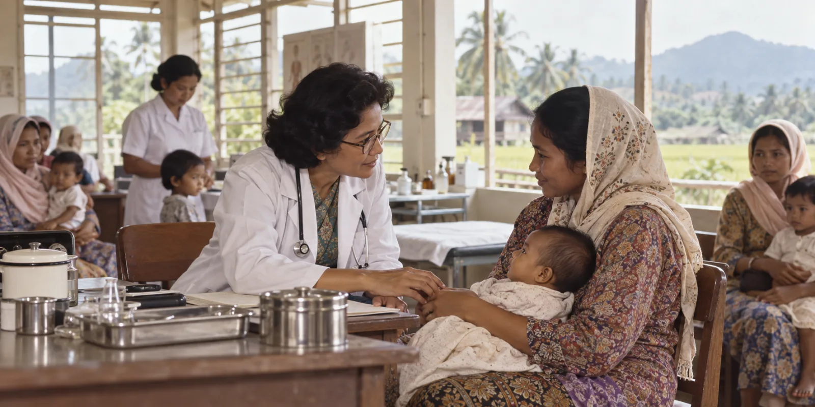 Ilustrasi AI suasana klinik kesihatan ibu dan anak luar bandar pada era 1960-an
