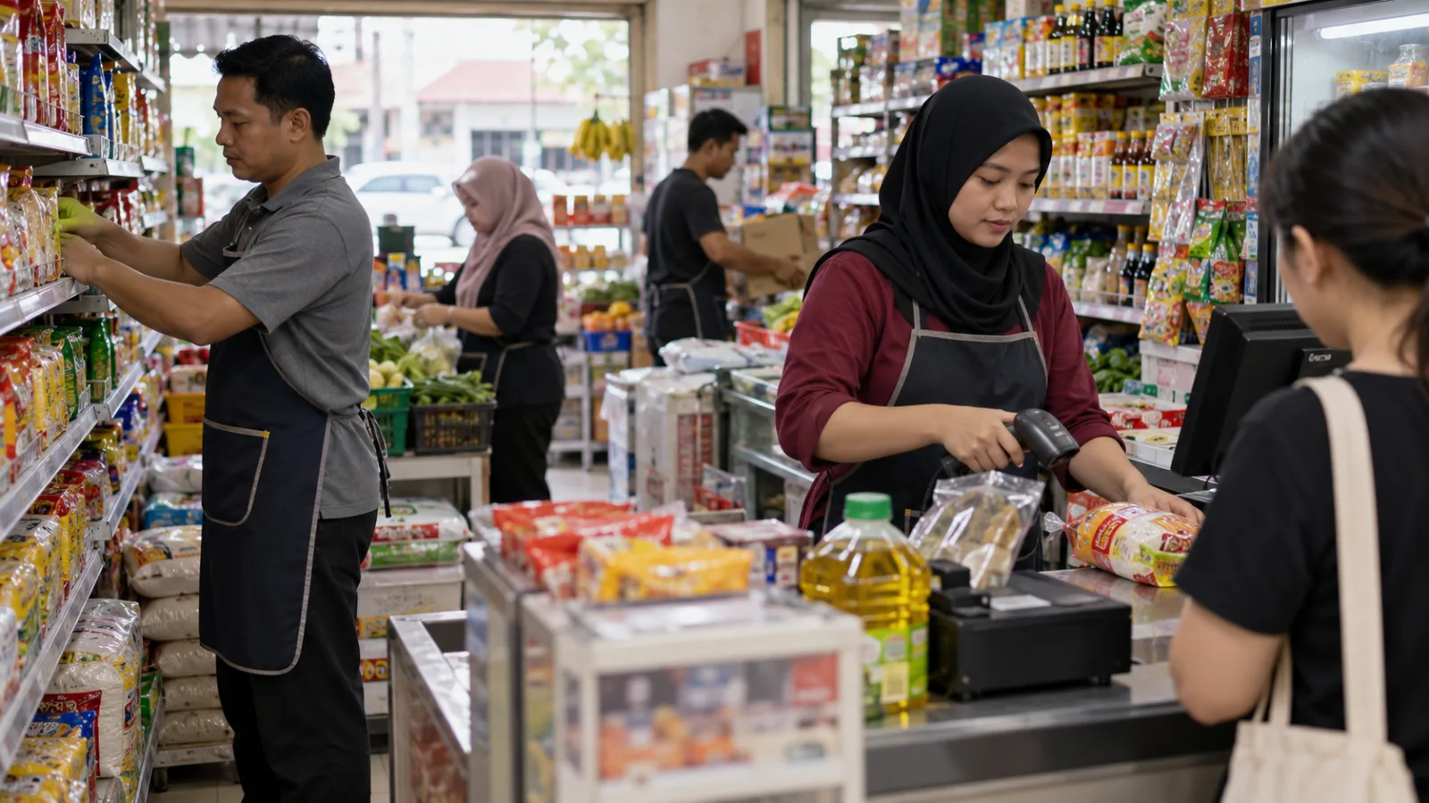 Pekerja di kedai runcit Malaysia; ilustrasi AI bagi isu gaji minimum