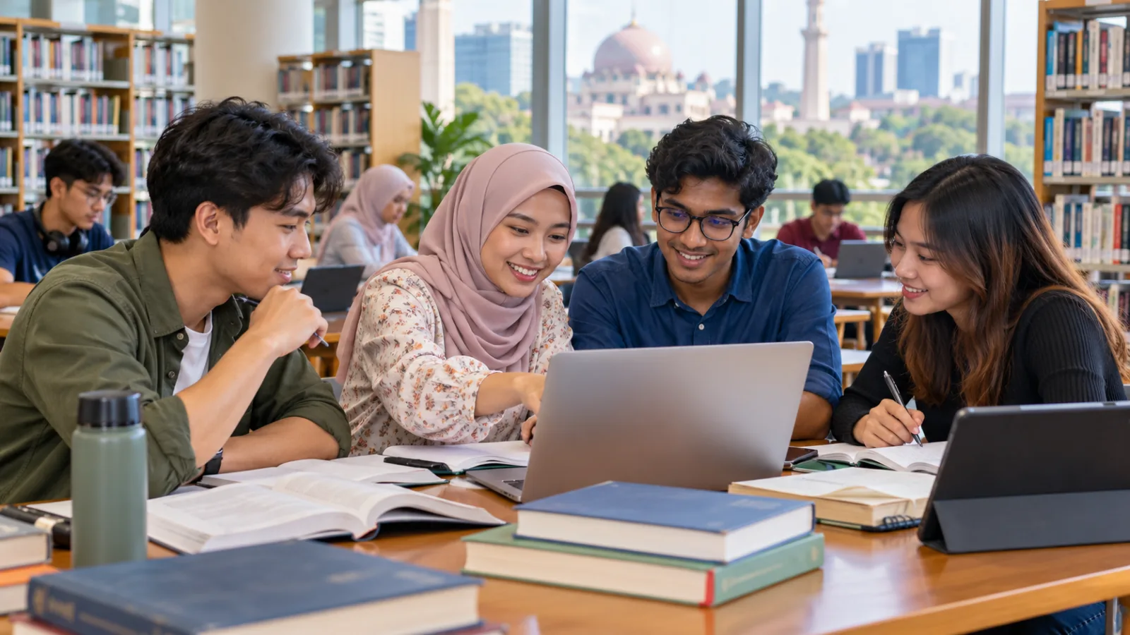 Ilustrasi pelajar universiti bekerjasama di perpustakaan