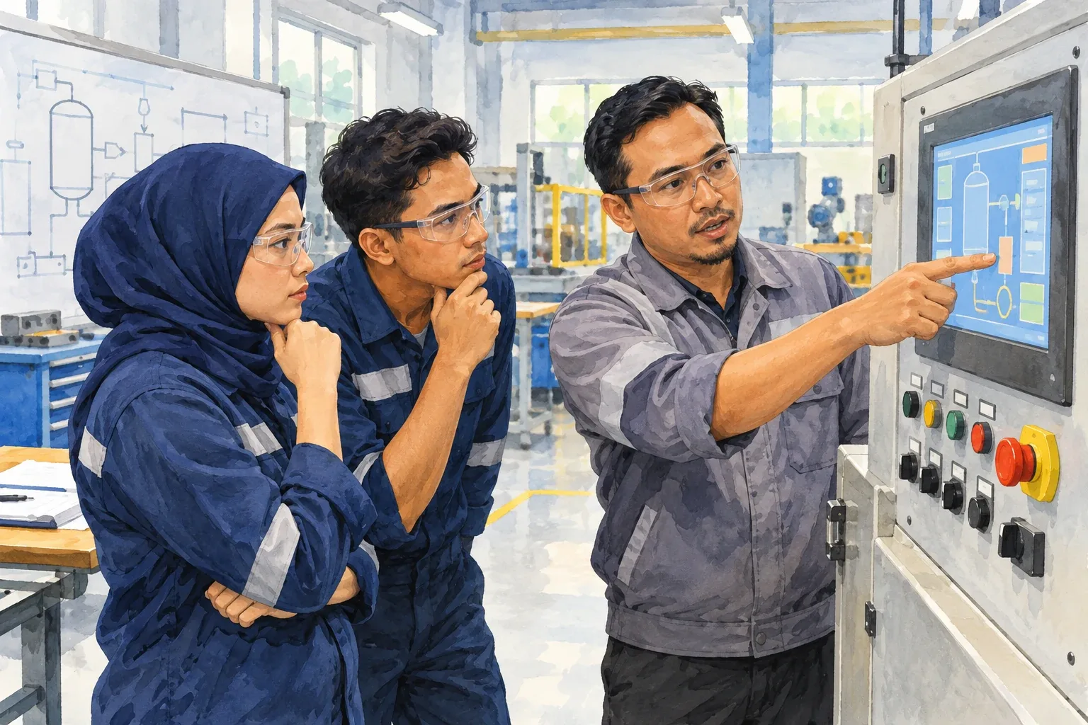 Ilustrasi AI: Latihan mengendalikan sistem kawalan pembuatan pintar.