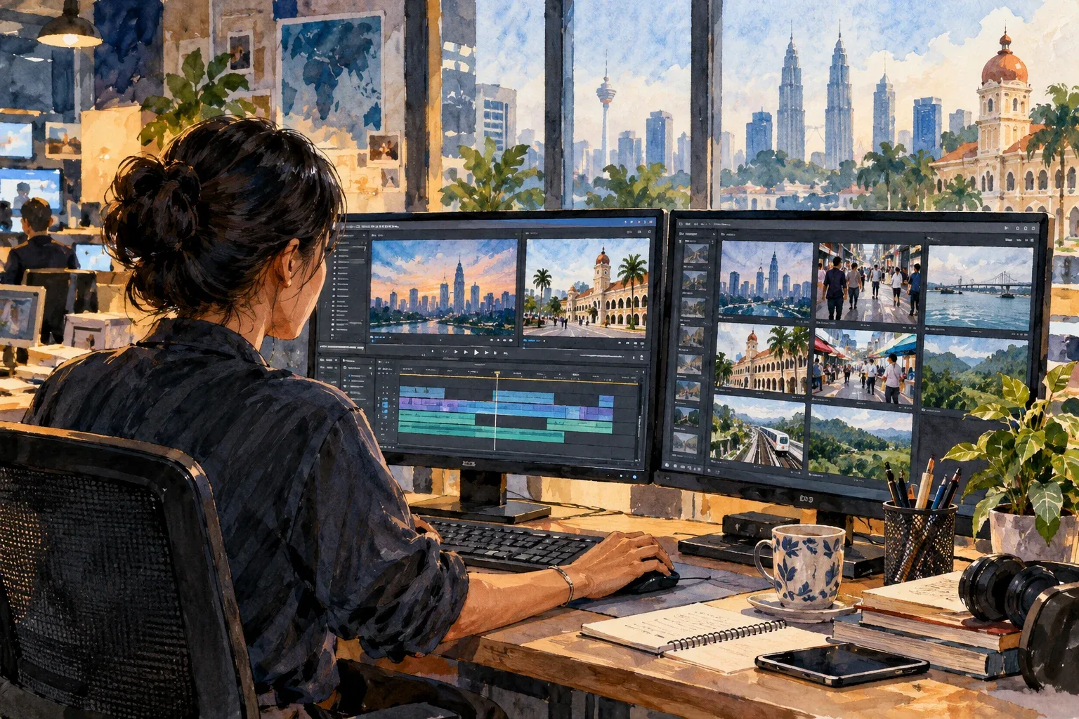 Ilustrasi AI: Penyunting rekaan menyemak bahan video dalam bilik berita.
