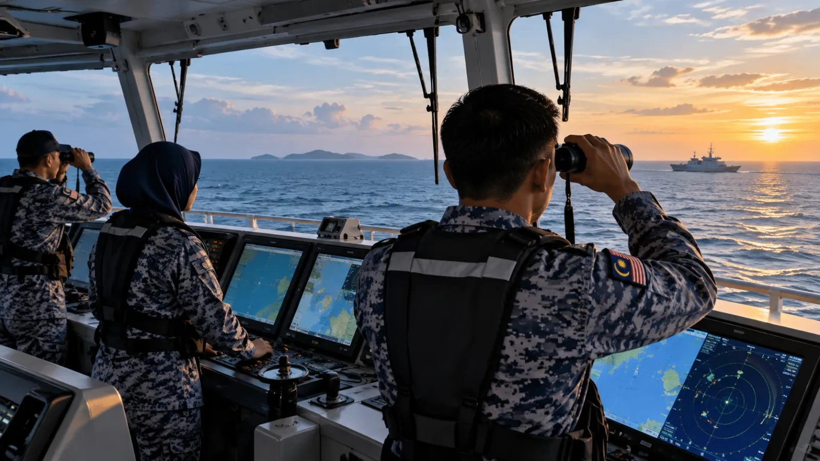 Ilustrasi AI: Anggota memantau pergerakan di laut dari sebuah kapal.