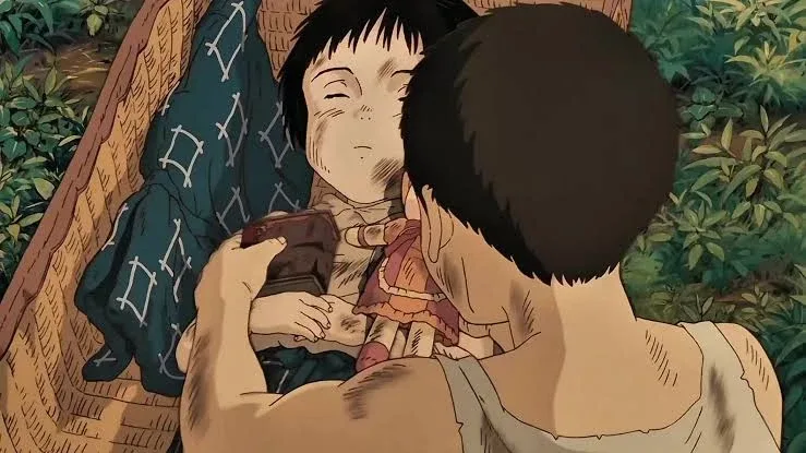Babak Seita menyiapkan mayat Setsuko untuk dibakar. &copy; Akiyuki Nosaka/Shinchosha, 1988.