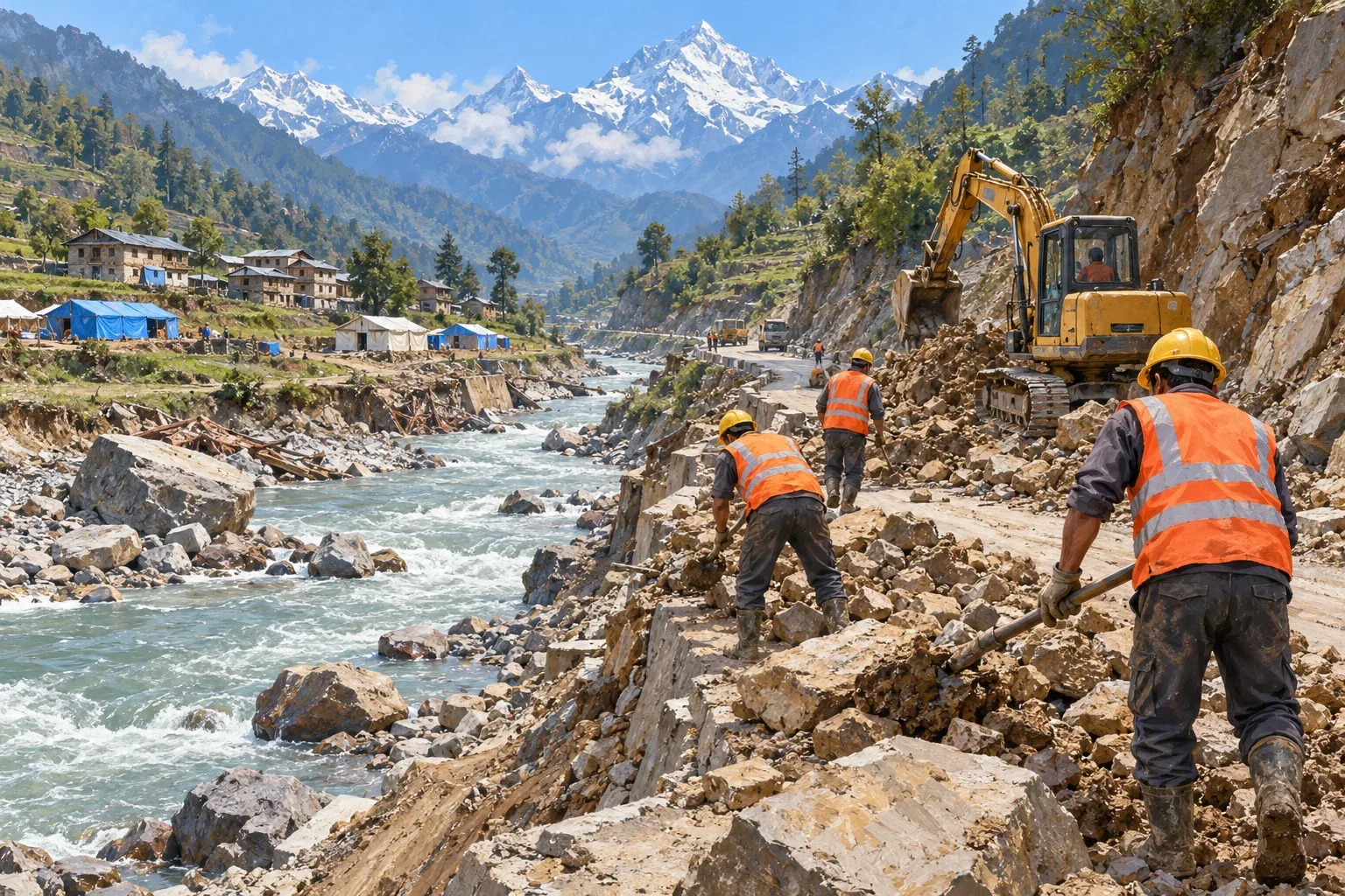 Ilustrasi AI: Gambaran kerja membaik pulih jalan di kawasan pergunungan Nepal.
