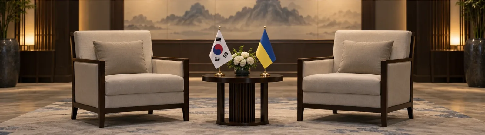 Ilustrasi AI ruang pertemuan diplomatik dengan bendera Korea Selatan dan Ukraine