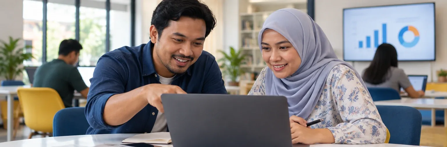Ilustrasi AI: Dua peserta rekaan mengikuti pembelajaran digital bersama.