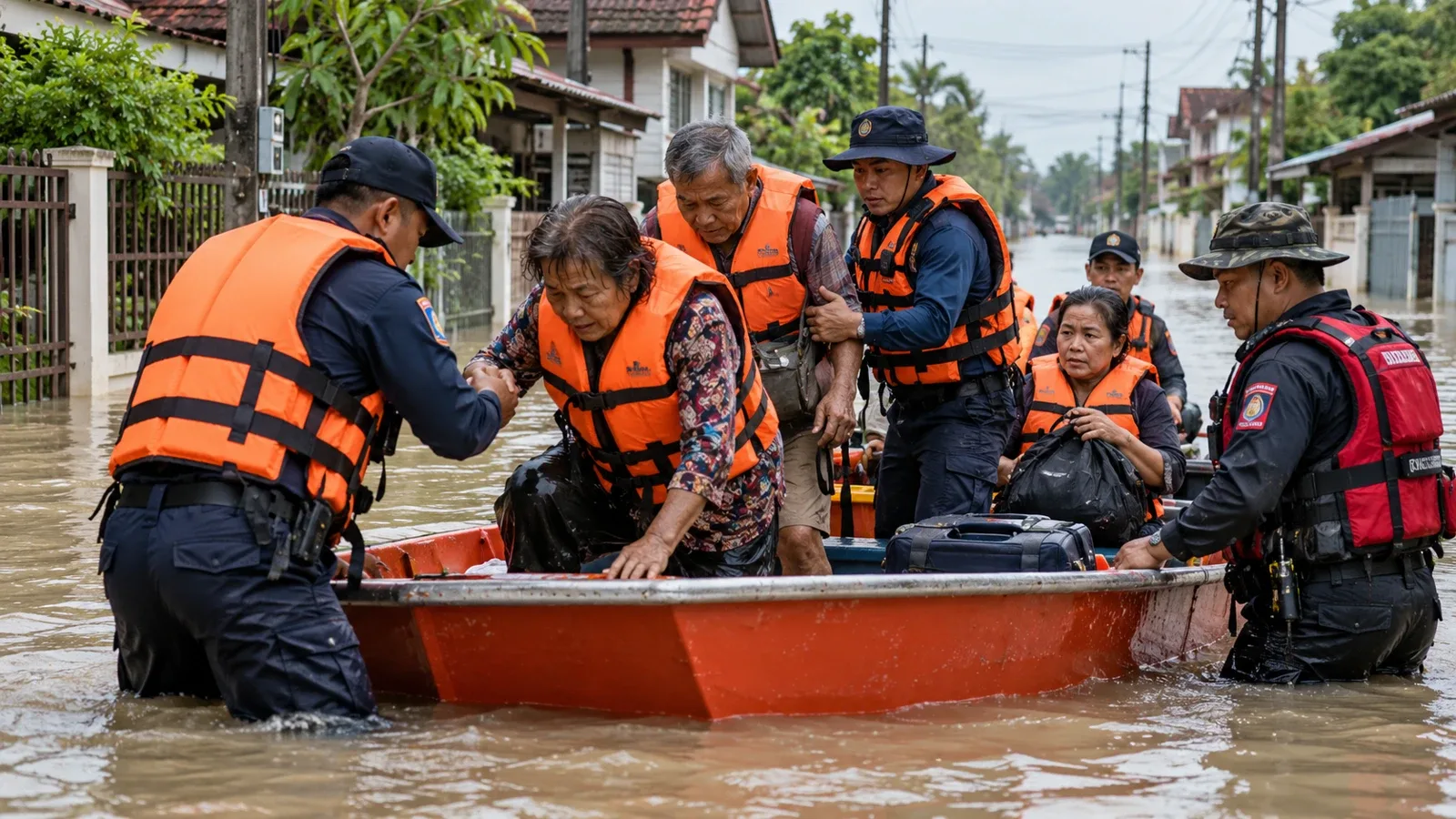 Ilustrasi AI: Pasukan rekaan membantu penduduk menaiki bot; bukan rakaman operasi bantuan sebenar.