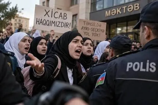 Wanita bertudung membawa sepanduk di hadapan anggota polis