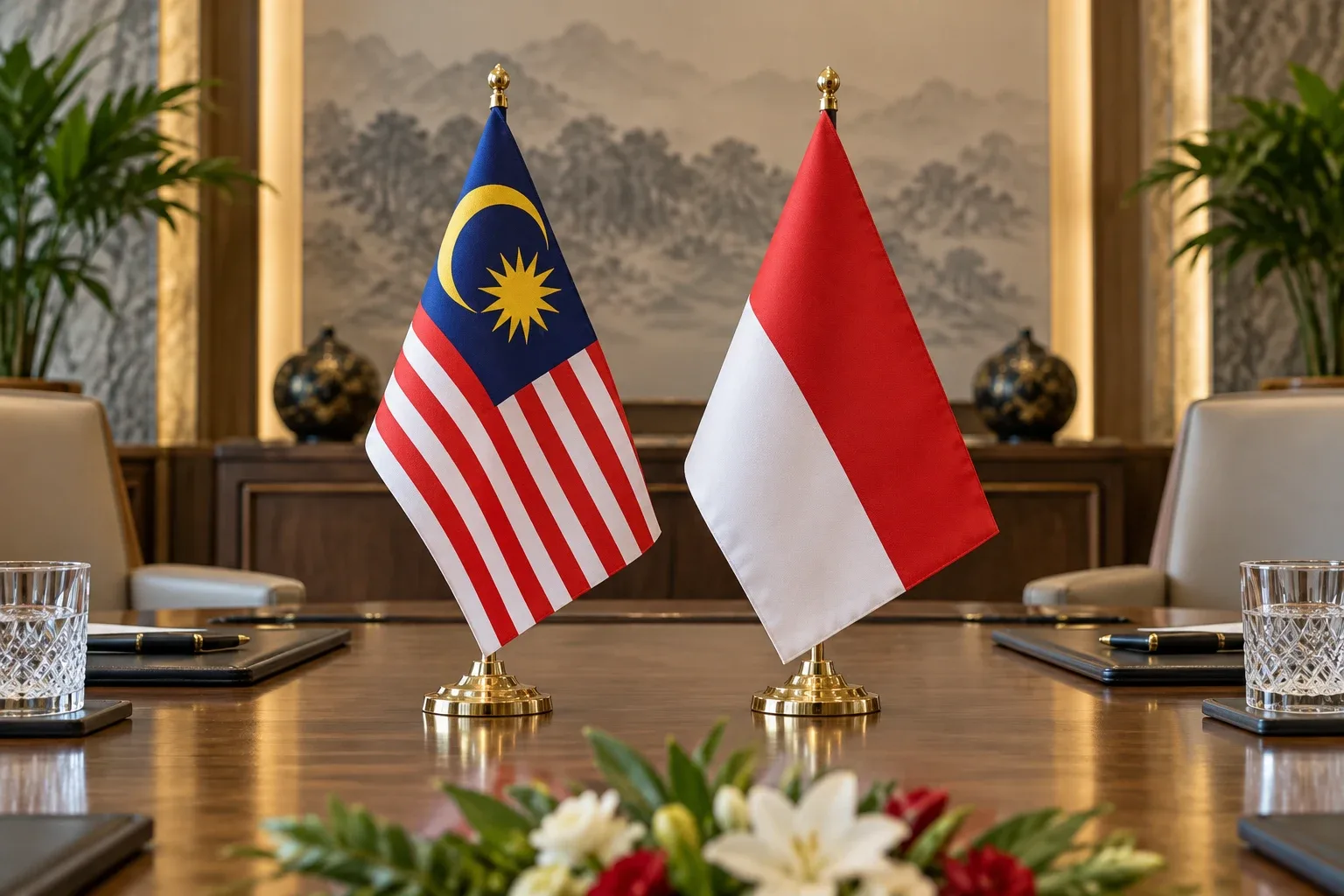 Ilustrasi AI bendera Malaysia dan Indonesia