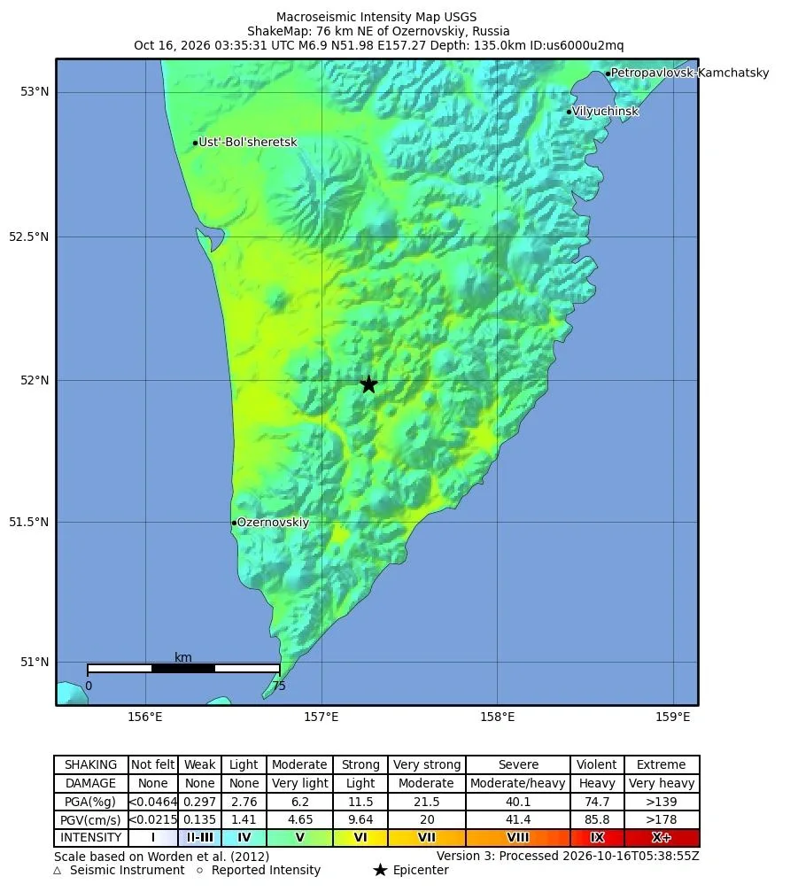 Peta anggaran intensiti gegaran gempa magnitud 6.9 di Kamchatka oleh USGS