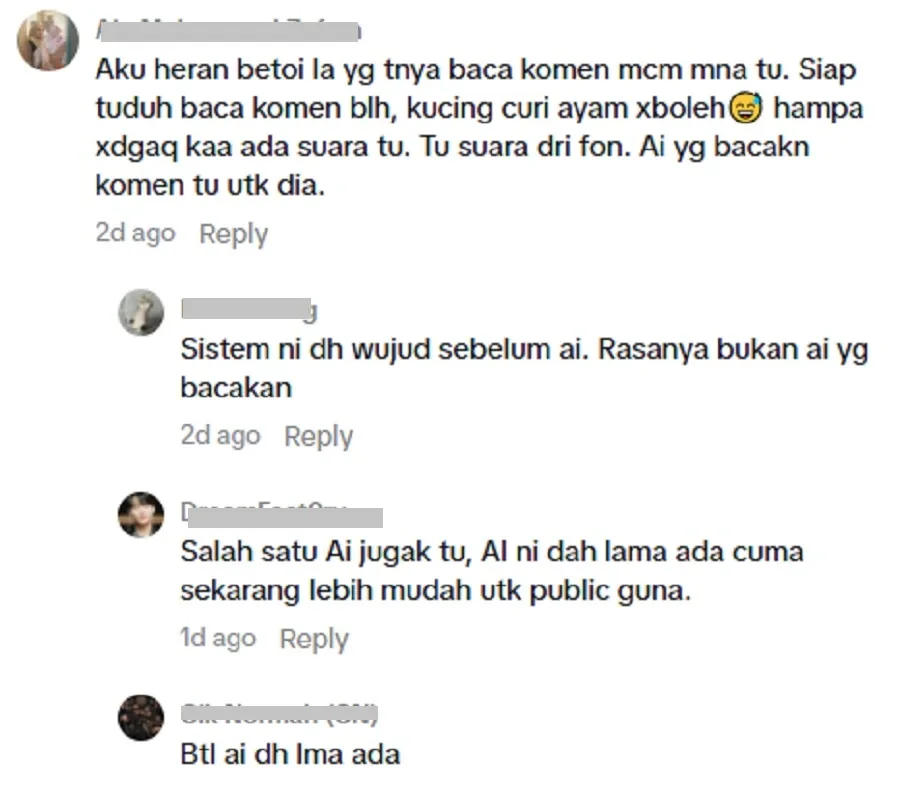 Perbincangan pengguna media sosial mengenai suara yang membacakan komen pada telefon. Tangkap layar disertakan dalam bahan artikel.