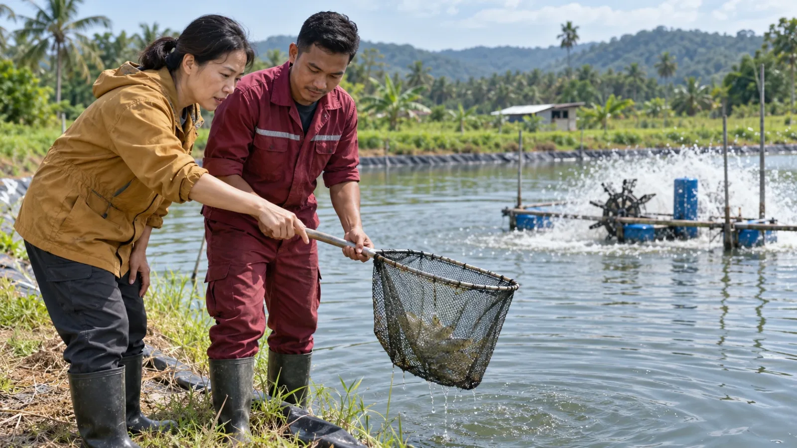 Ilustrasi AI: Gambaran pengusaha memeriksa kolam ternakan ikan; bukan lokasi atau pengusaha sebenar yang disebut dalam laporan.