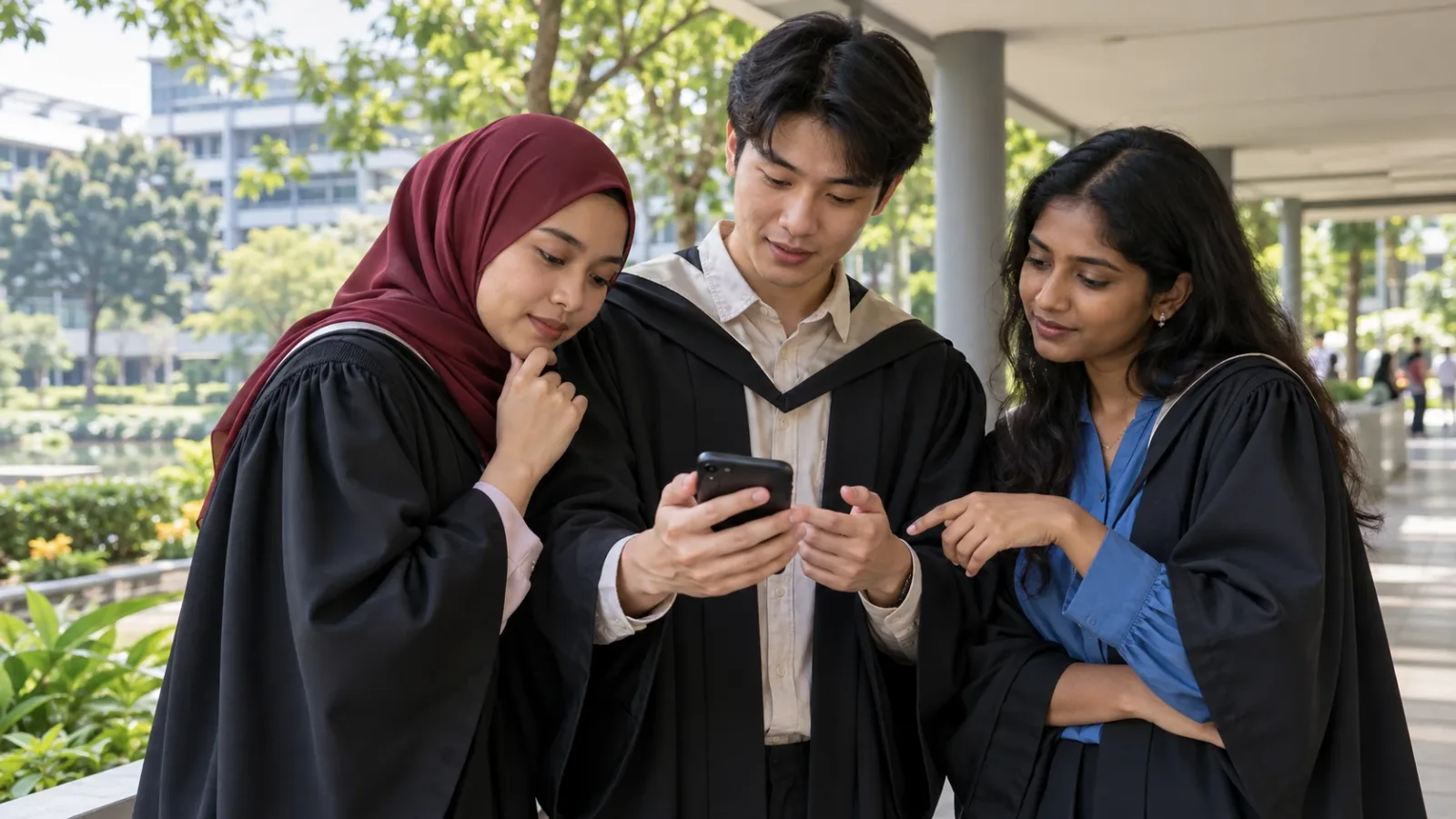 Ilustrasi AI: Gambaran graduan menyemak kandungan telefon bersama; bukan rakaman Istiadat Konvokesyen UiTM atau individu sebenar.