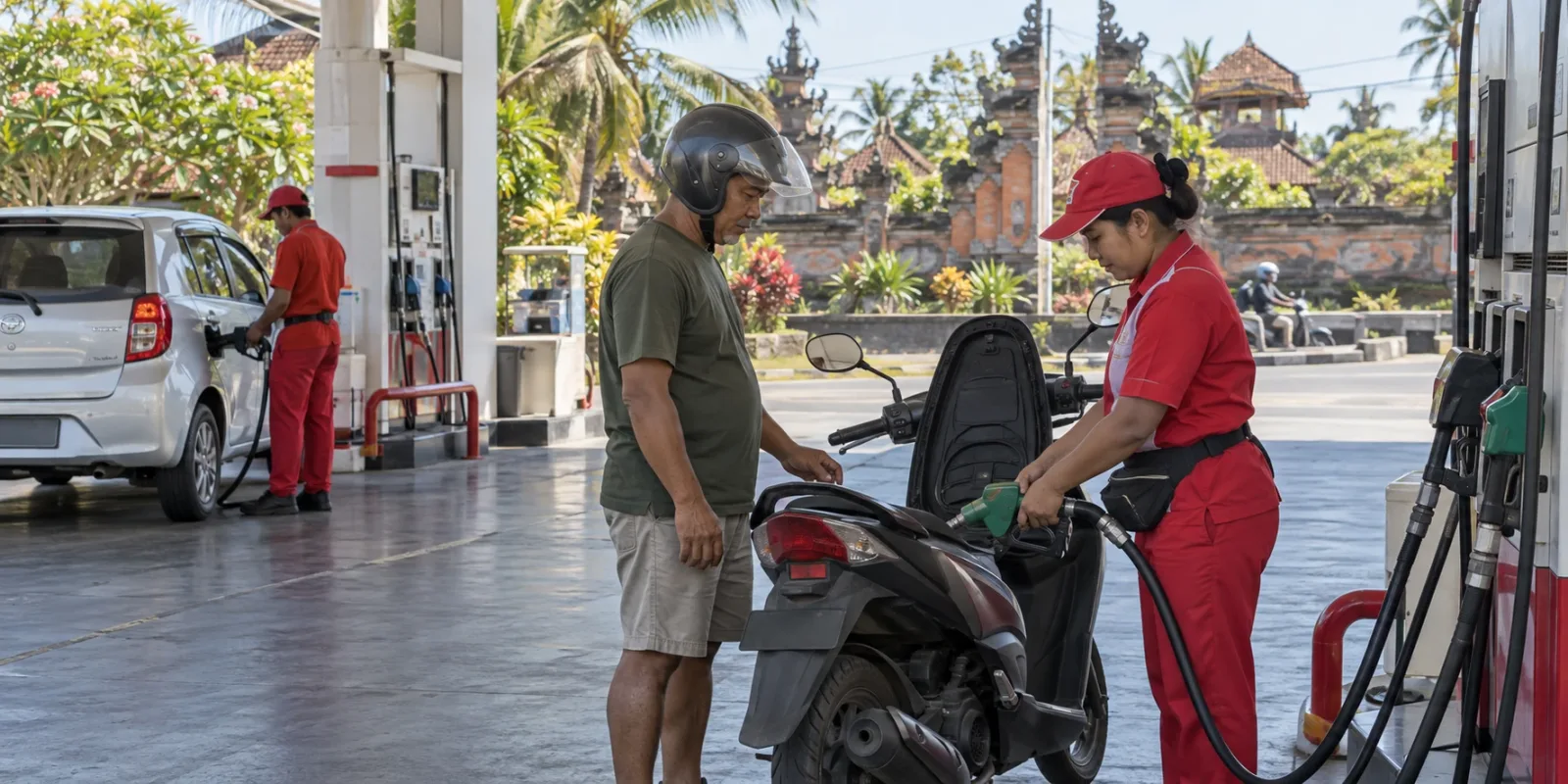 Ilustrasi AI: Gambaran pengisian bahan api motosikal di stesen bercirikan persekitaran Bali; bukan foto stesen atau pelaksanaan aturan sebenar.
