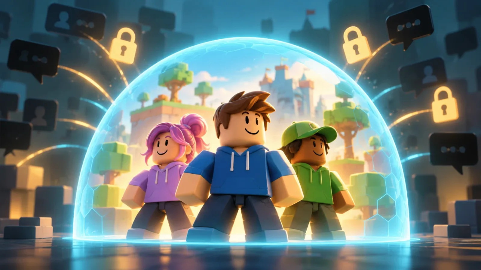 Ilustrasi AI ciri keselamatan komunikasi dalam permainan digital; bukan paparan atau bukti perekrutan sebenar di Roblox.