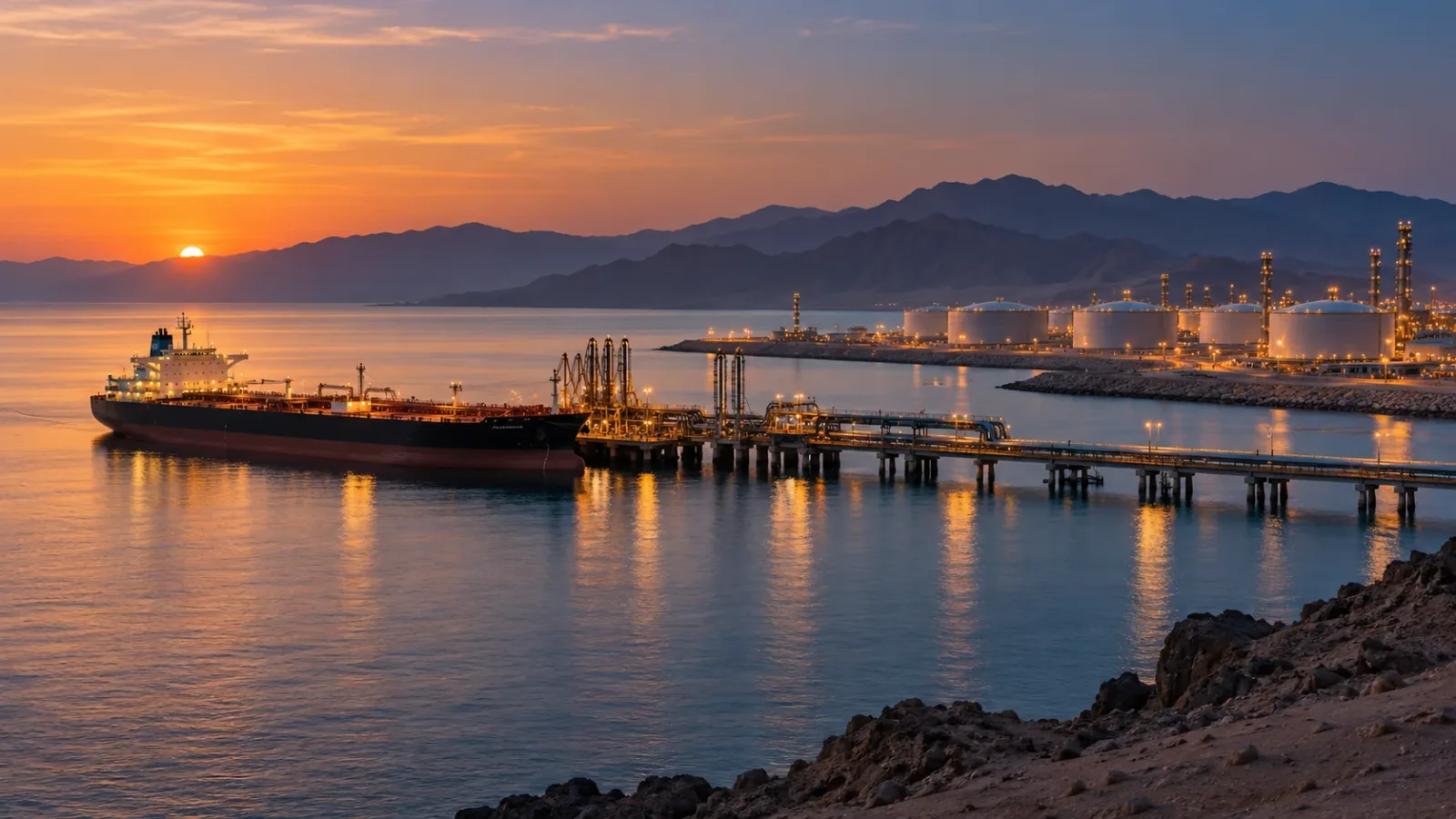 Ilustrasi AI pesisir perindustrian dan kapal tangki awam di Arab Saudi; bukan foto serangan atau penempatan tentera.