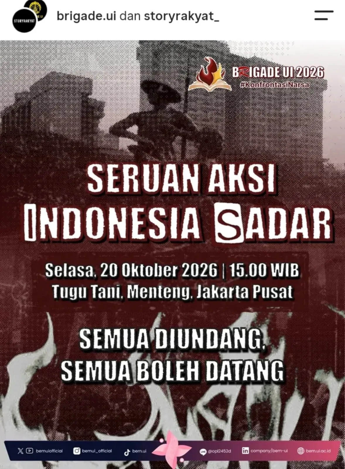 Poster perhimpunan Indonesia Sadar di Tugu Tani pada 20 Oktober 2026