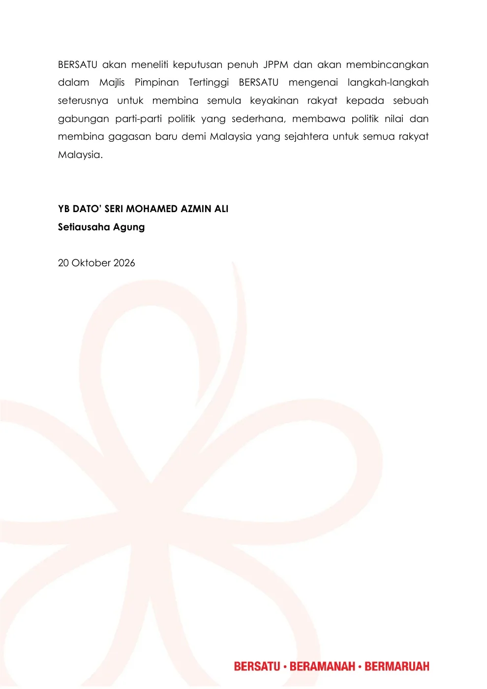 Halaman akhir kenyataan media Bersatu bertarikh 20 Oktober 2026