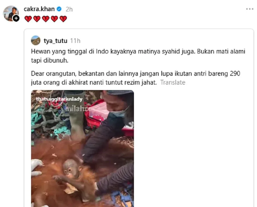 Tangkap layar hantaran Threads Cakra Khan yang berkongsi tentang hidupan liar