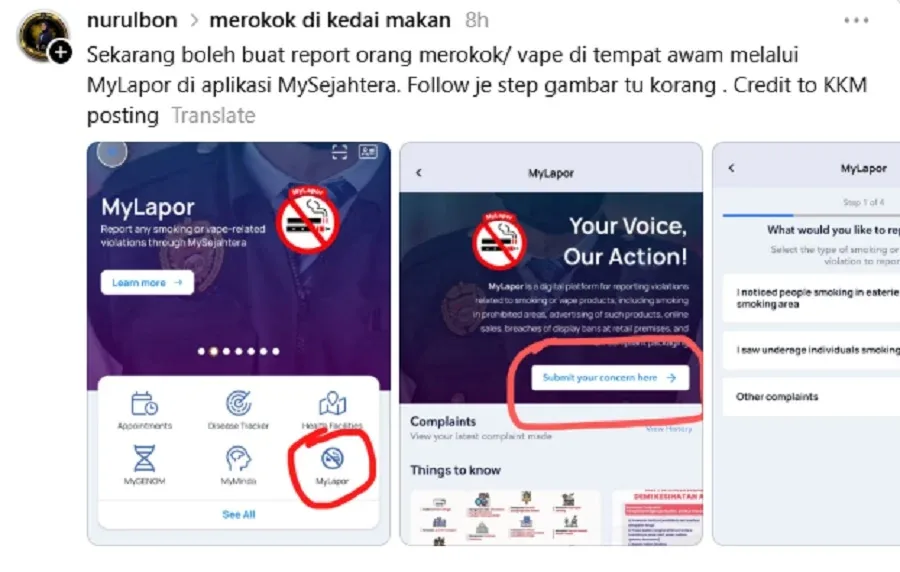 Tangkap layar perkongsian panduan mengakses MyLapor
