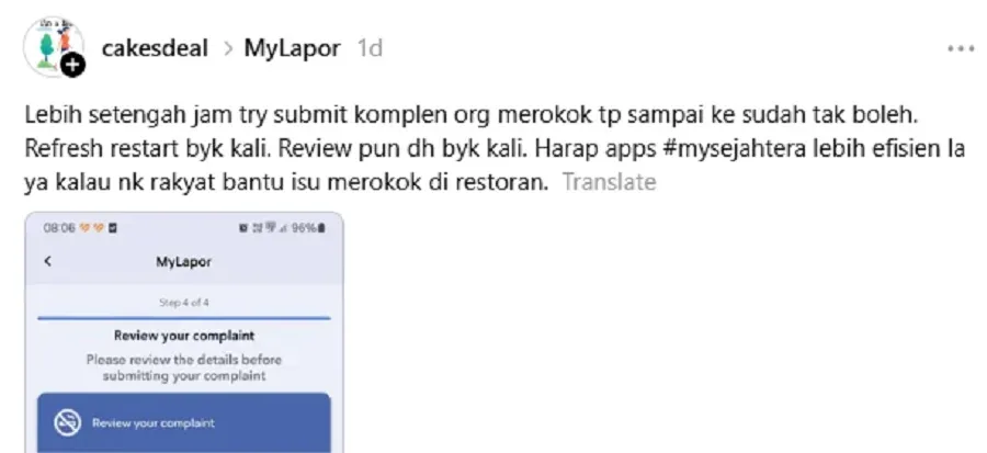 Tangkap layar aduan pengguna tentang kesukaran menghantar laporan